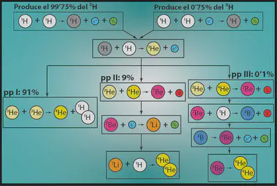 Esquema de las cadenas protón-protón (pp). Arriba del todo tenemos los procesos en los que dos núcleos de hidrógeno generan deuterio (2H). A continuación, la creación de helio–3 a partir del deuterio y otro protón y a partir de aquí el proceso se ramifica en las tres cadenas protón-protón. La primera y más probable es la que se produce con dos núcleos de helio–3 para generar helio. Las otras dos utilizan elementos más pesados, pero igualmente llegan al helio.