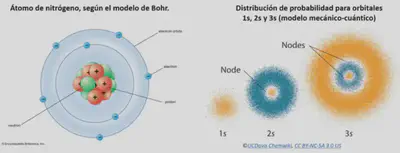 Distribución de los electrones alrededor del núcleo para el átomo de nitrógeno según el modelo de Bohr (modelo planetario) vs. distribución de los electrones en los orbitales s según el modelo mecánico-cuántico. Si bien muchos conceptos se pueden explicar con el modelo de Bohr, el efecto relativista en los electrones de niveles s superiores solo se puede explicar con el modelo más riguroso, el mecánico cuántico, donde se puede ver que hay cierta probabilidad de que los electrones en orbitales superiores (como el 3s en la imagen, o el 6s en el oro) se encuentren cerca del núcleo.