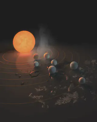 Este concepto artístico muestra los siete exoplanetas rocosos del sistema [**TRAPPIST-1**](https://es.wikipedia.org/wiki/TRAPPIST-1), situado a 40 años luz de la Tierra. Los astrónomos observarán estos mundos con Webb en un esfuerzo por detectar la primera atmósfera de un planeta del tamaño de la Tierra más allá de nuestro Sistema Solar. Fuente: https://www.nasa.gov/feature/goddard/2020/nasa-s-webb-will-seek-atmospheres-around-potentially-habitable-exoplanets.