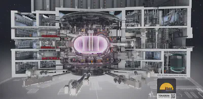 Imagen del reactor del ITER con todas las instalaciones a su alrededor. En la imagen solo aparece la mitad de las instalaciones puesto que se ha hecho una sección para poder mostrar su interior. Fuente: https://www.iter.org/album/Media/7%20-%20Technical