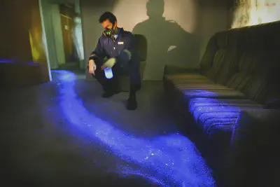 Demostración policial del reactivo de detección de sangre a base de luminol. Fuente: https://csillitoe.photoshelter.com/image/I0000xKrXDxB2sF0.