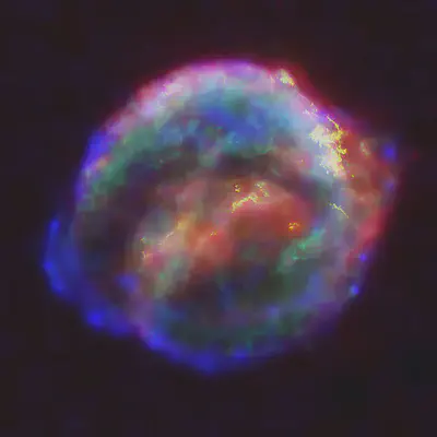 Imagen de los remanentes de la [supernova Kepler SN 1604](https://es.wikipedia.org/wiki/SN_1604). Una esfera de gas deforme compuesta de varios colores de tonos rojos y azules. Fuente: https://commons.wikimedia.org/wiki/File:Keplers_supernova.jpg.