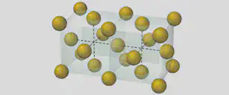 Dos celdas unidad del oro (una al lado de la otra). Pertenece a la [estructura cristalina cúbica centrada en las caras (fcc)](https://es.wikipedia.org/wiki/Sistema_cristalino_cúbico). Este patrón de átomos se repite en las tres dimensiones para formar el metal que observamos. Fuente: https://www.chegg.com/homework-help/questions-and-answers/1-many-atoms-per-unit-cell-gold-2-type-unit-cell-present-gold--hexagonal-closest-packing-b-q22266577.