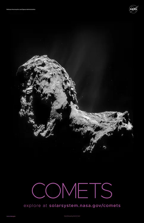 Un mosaico que comprende [cuatro imágenes individuales del cometa 67P/Churyumov-Gerasimenko](https://solarsystem.nasa.gov/resources/788/rosetta-comet/) de la misión Rosetta de la Agencia Espacial Europea en noviembre de 2014. Crédito: ESA/Rosetta/NAVCAM ⬇️ PDF de alta resolución [aquí](https://solarsystem.nasa.gov/system/downloadable_items/1433_Comets_A_PDF.zip)