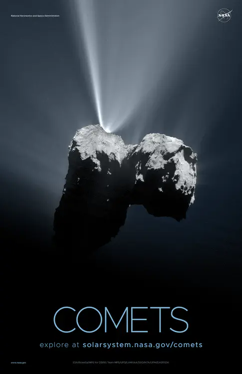 Una vista del [cometa 67P/Churyumov-Gerasimenko](https://solarsystem.nasa.gov/resources/790/comet-jet-in-3d/) basada en dos imágenes adquiridas por la misión Rosetta de la Agencia Espacial Europea. Crédito: ESA/Rosetta/MPS para el equipo OSIRIS MPS/UPD/LAM/IAA/SSO/INTA/UPM/DASP/IDA ⬇️ PDF de alta resolución [aquí](https://solarsystem.nasa.gov/system/downloadable_items/1437_Comets_B_PDF.zip)