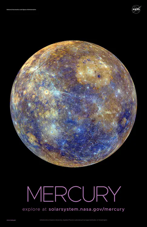 Un [mapa global de la superficie de Mercurio](https://solarsystem.nasa.gov/resources/532/mercury-false-color-rotation-movie/) creado a partir de imágenes obtenidas por la nave espacial MESSENGER de la NASA. Los colores no son los que el ojo vería, sino que están relacionados con variaciones de composición de la superficie. Crédito: NASA/Laboratorio de Física Aplicada de la Universidad Johns Hopkins/Institución Carnegie de Washington ⬇️ PDF de alta resolución [aquí](https://solarsystem.nasa.gov/system/downloadable_items/1611_Mercury_A_PDF.zip)