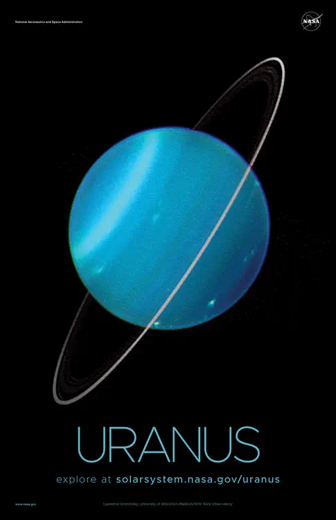Esta [imagen compuesta en infrarrojo de Urano y sus anillos](https://solarsystem.nasa.gov/resources/605/keck-telescope-views-of-uranus/) proviene del Telescopio Keck. Crédito: Lawrence Sromovsky, Universidad de Wisconsin-Madison/Observatorio W.W. Keck ⬇️ PDF de alta resolución [aquí](https://solarsystem.nasa.gov/system/downloadable_items/1389_Uranus_C_PDF.zip)