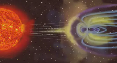 Representación artística de la magnetosfera terrestre. Fuente: https://www.esa.int/ESA_Multimedia/Images/2007/10/The_Sun-Earth_connection.