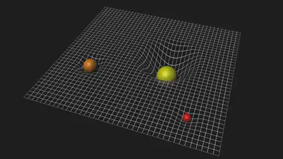 Representación artística que visualiza el espacio-tiempo como una superficie bidimensional simplificada, que está siendo distorsionada por la presencia de tres cuerpos masivos, representados como esferas de colores. La distorsión causada por cada esfera es proporcional a su masa. Fuente: https://www.esa.int/ESA_Multimedia/Images/2015/09/Spacetime_curvature.